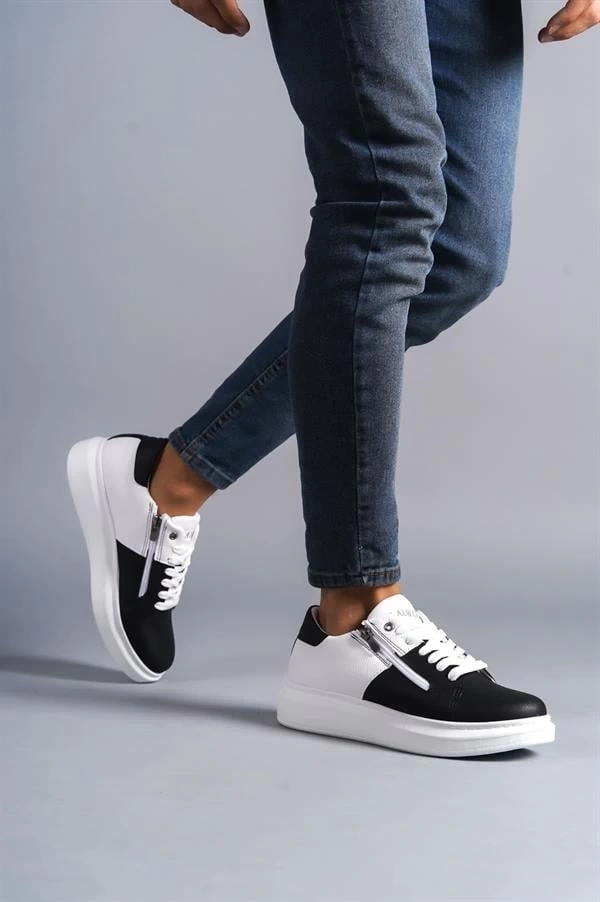 SLW155 Warrior Bağcıklı ve Fermuarlı Cilt Erkek Günlük Sneaker Ayakkabı CBT - Beyaz/Siyah