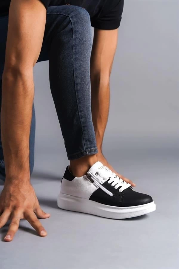 SLW155 Warrior Bağcıklı ve Fermuarlı Cilt Erkek Günlük Sneaker Ayakkabı CBT - Beyaz/Siyah