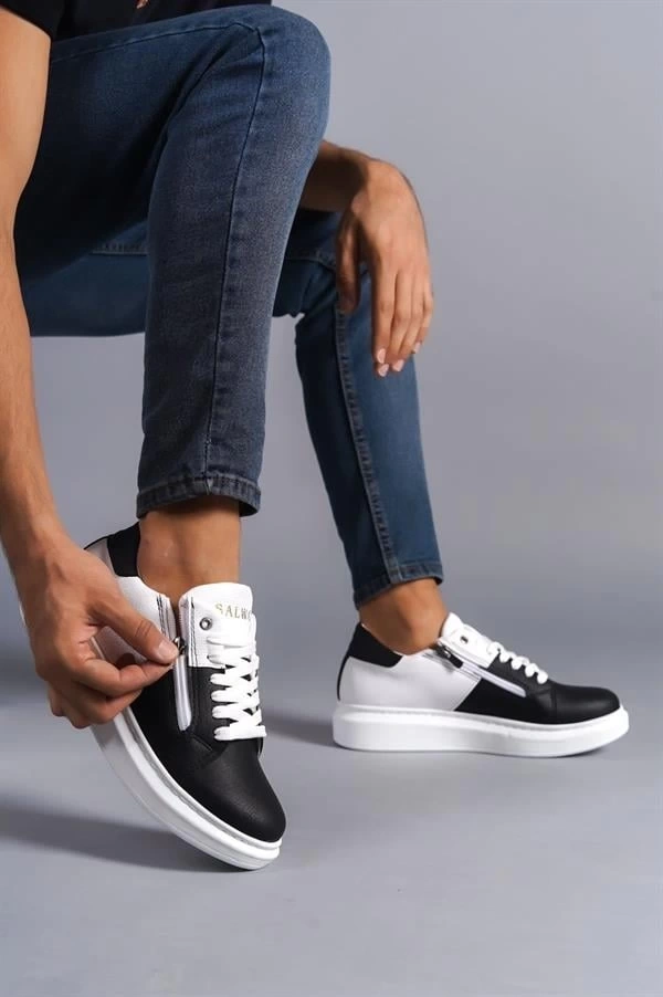 SLW155 Warrior Bağcıklı ve Fermuarlı Cilt Erkek Günlük Sneaker Ayakkabı CBT - Beyaz/Siyah