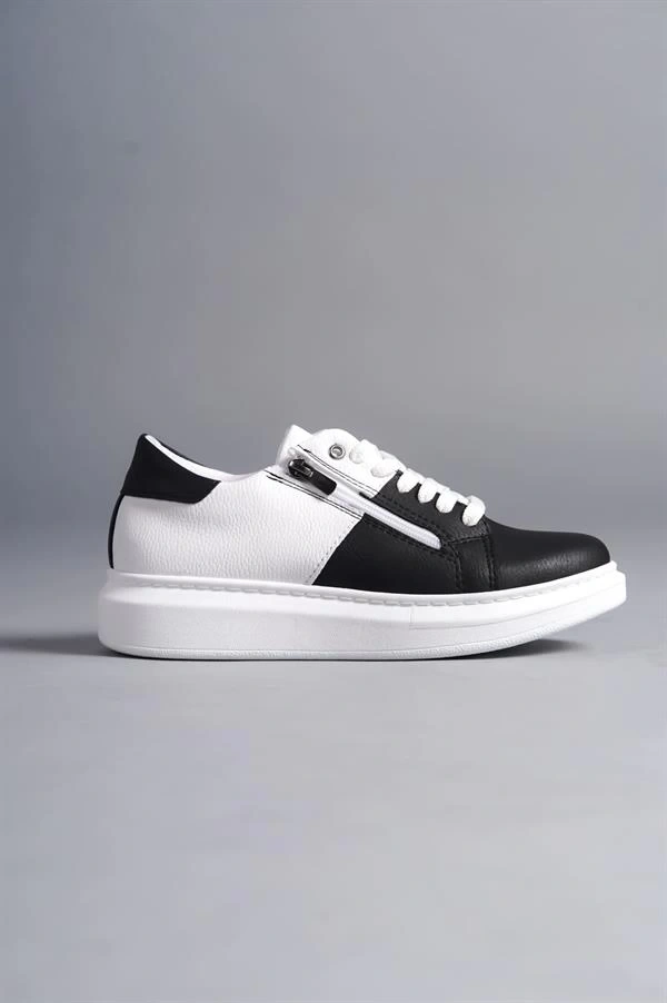 SLW155 Warrior Bağcıklı ve Fermuarlı Cilt Erkek Günlük Sneaker Ayakkabı CBT - Beyaz/Siyah