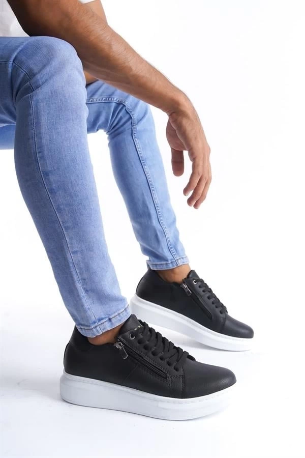 SLW155 Warrior Bağcıklı ve Fermuarlı Cilt Erkek Günlük Sneaker Ayakkabı CBT - Siyah