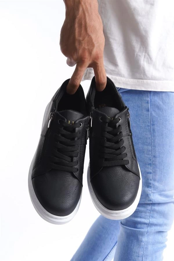 SLW155 Warrior Bağcıklı ve Fermuarlı Cilt Erkek Günlük Sneaker Ayakkabı CBT - Siyah