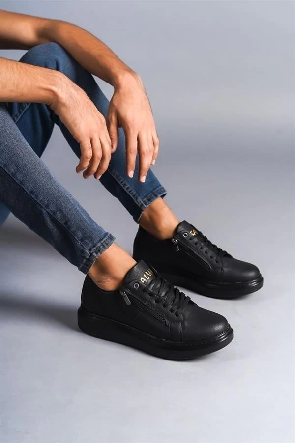 SLW155 Warrior Bağcıklı ve Fermuarlı Cilt Erkek Günlük Sneaker Ayakkabı CST - Siyah