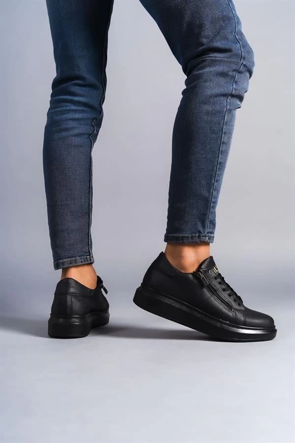 SLW155 Warrior Bağcıklı ve Fermuarlı Cilt Erkek Günlük Sneaker Ayakkabı CST - Siyah