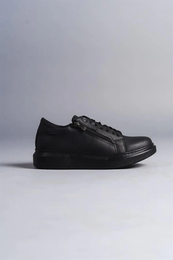 SLW155 Warrior Bağcıklı ve Fermuarlı Cilt Erkek Günlük Sneaker Ayakkabı CST - Siyah