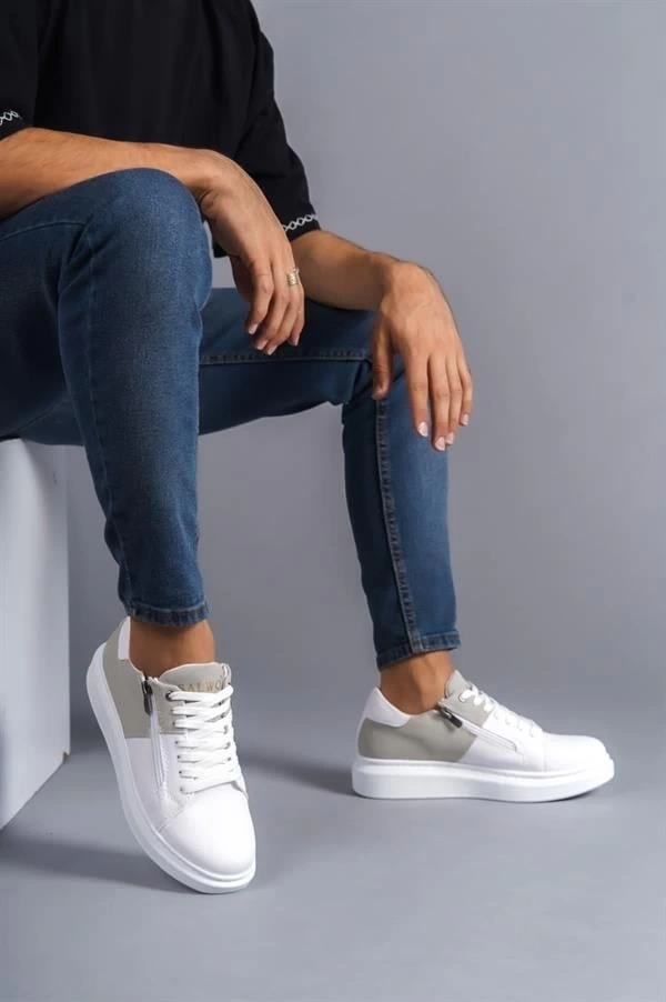 SLW155 Warrior Bağcıklı ve Fermuarlı Cilt Süet Erkek Günlük Sneaker Ayakkabı CSBT - Beyaz/Gri