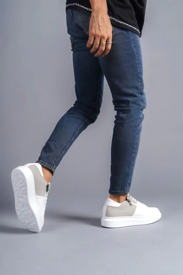 SLW155 Warrior Bağcıklı ve Fermuarlı Cilt Süet Erkek Günlük Sneaker Ayakkabı CSBT - Beyaz/Gri