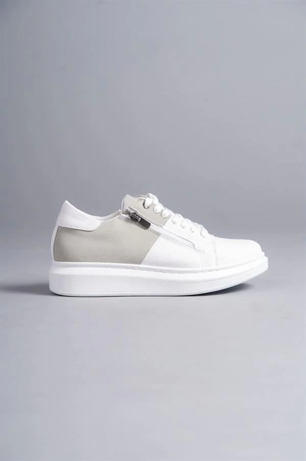 SLW155 Warrior Bağcıklı ve Fermuarlı Cilt Süet Erkek Günlük Sneaker Ayakkabı CSBT - Beyaz/Gri