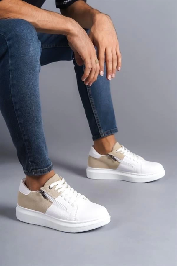 SLW155 Warrior Bağcıklı ve Fermuarlı Cilt Süet Erkek Günlük Sneaker Ayakkabı CSBT - Beyaz/Krem