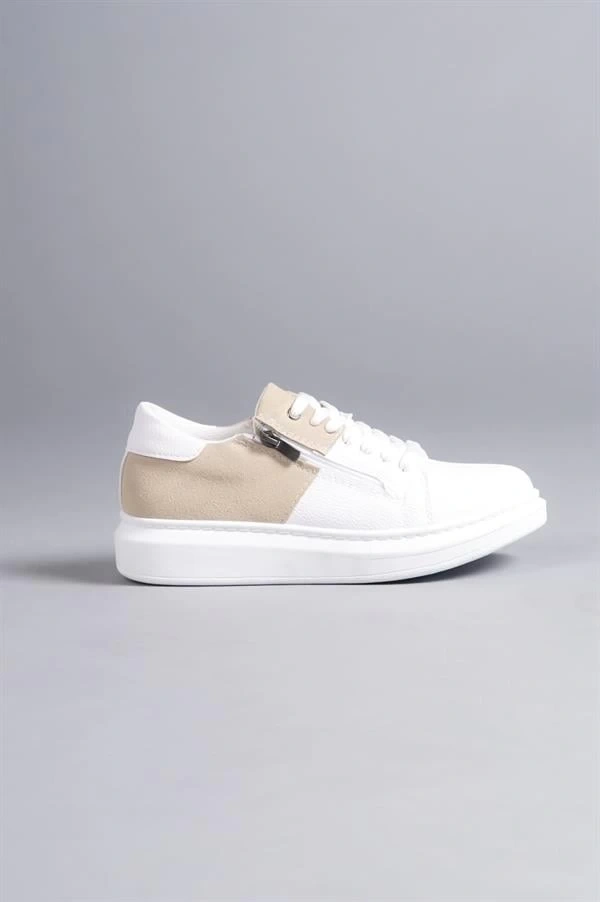SLW155 Warrior Bağcıklı ve Fermuarlı Cilt Süet Erkek Günlük Sneaker Ayakkabı CSBT - Beyaz/Krem