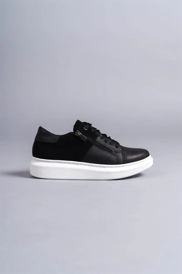 SLW155 Warrior Bağcıklı ve Fermuarlı Cilt Süet Erkek Günlük Sneaker Ayakkabı CSBT - Siyah