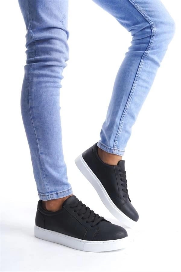 SLW165 Elite Bağcıklı Cilt Erkek Günlük Sneaker Ayakkabı CBT - Siyah