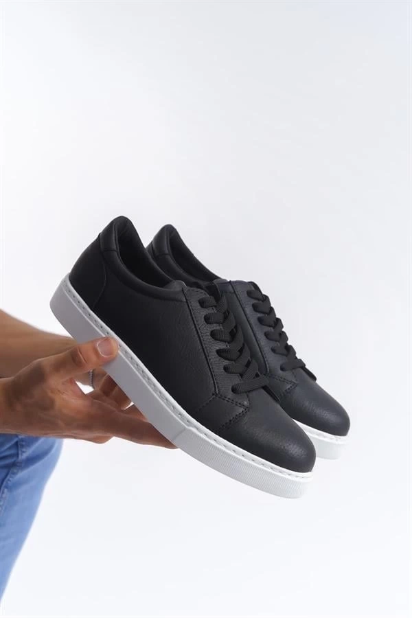 SLW165 Elite Bağcıklı Cilt Erkek Günlük Sneaker Ayakkabı CBT - Siyah