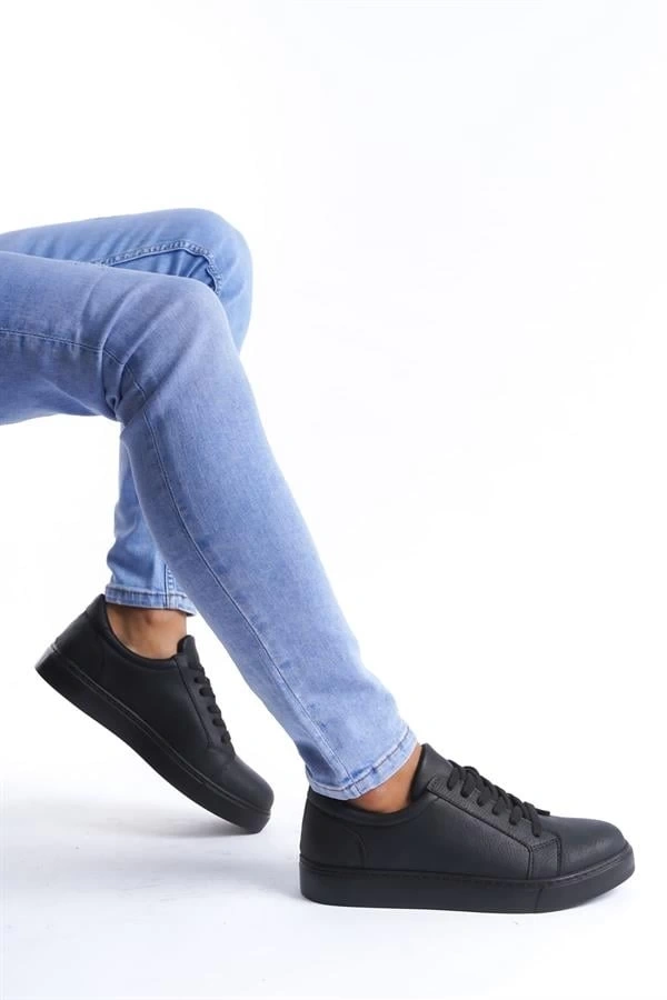SLW165 Elite Bağcıklı Cilt Erkek Günlük Sneaker Ayakkabı CST - Siyah