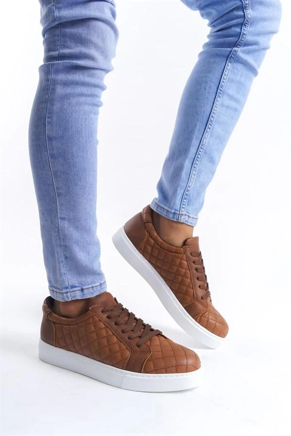 SLW166 Prestige Bağcıklı Cilt Kapitone Desenli Erkek Günlük Sneaker Ayakkabı CBT - Taba