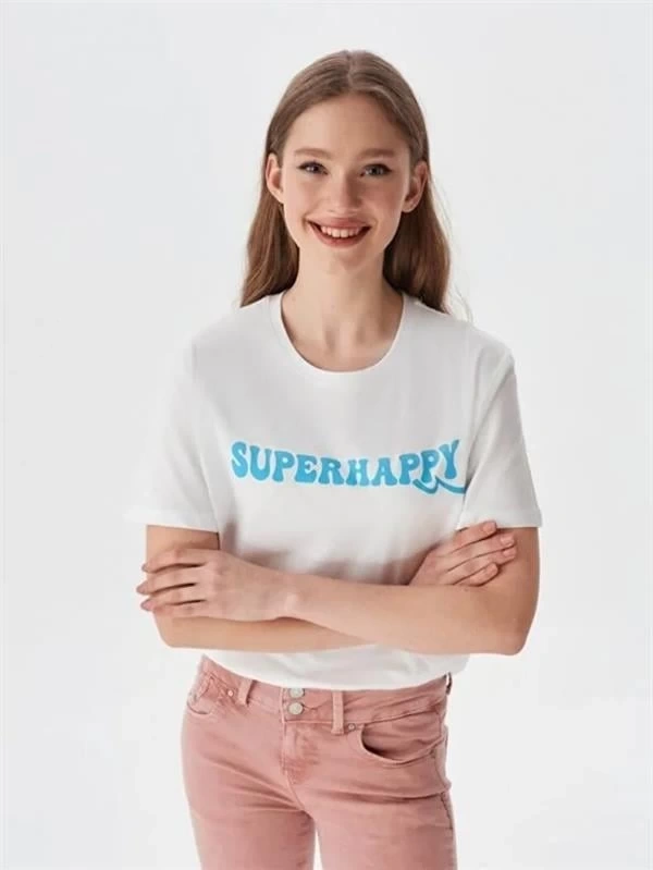 Super Happy Bisiklet Yaka T- Shirt Beyaz