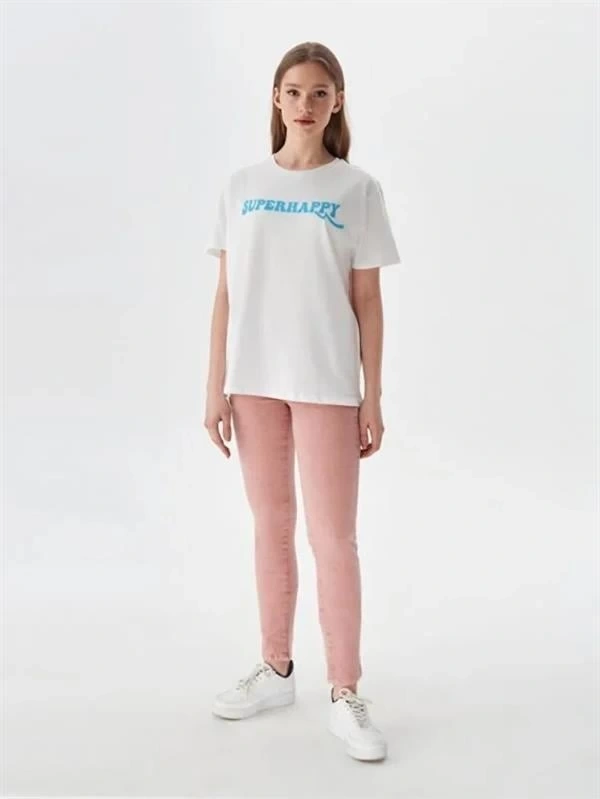 Super Happy Bisiklet Yaka T- Shirt Beyaz