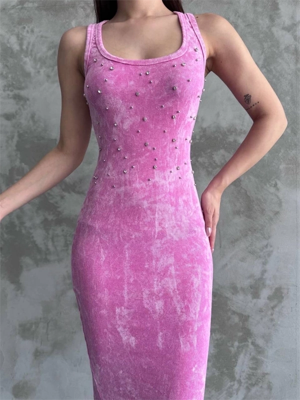 Taşlı askılı elbise