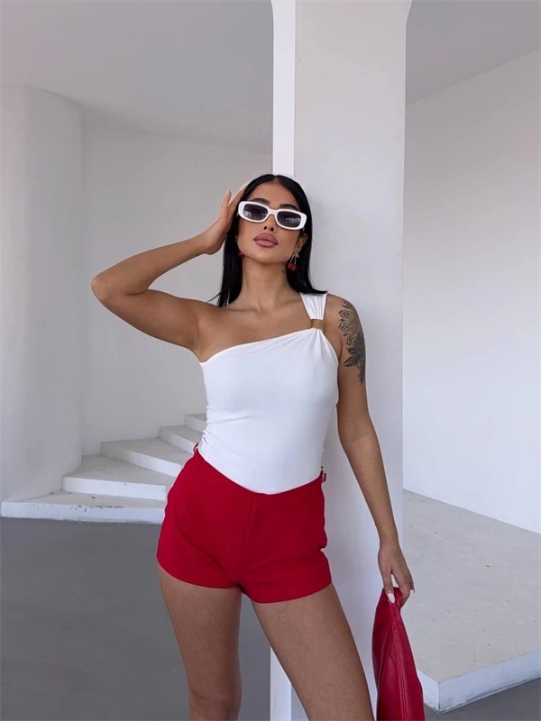 Tek omuzlu Otoman kumaş gold metal detaylı bluz s2311