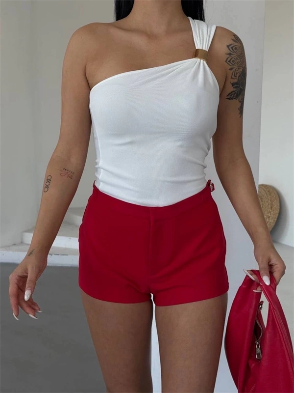 Tek omuzlu Otoman kumaş gold metal detaylı bluz s2311