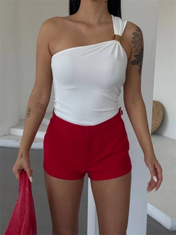 Tek omuzlu Otoman kumaş gold metal detaylı bluz s2311