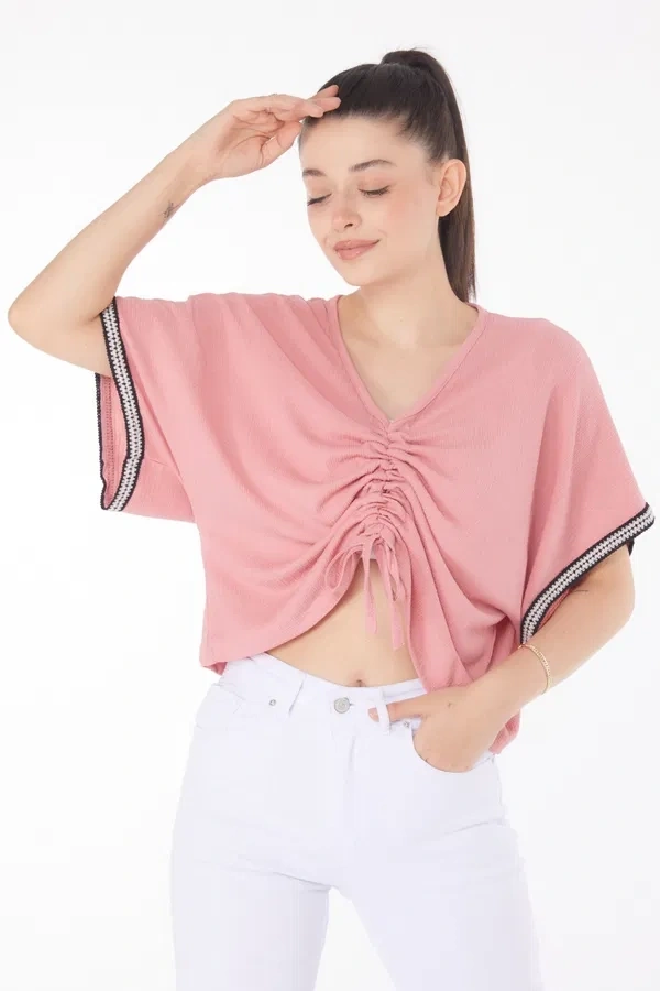 V yaka büzgülü detaylı bluz