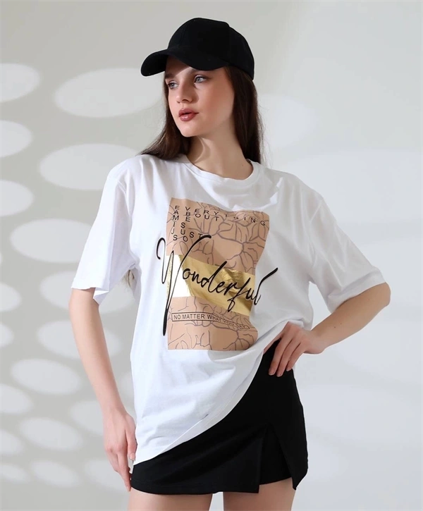 Varak Baskılı imza desen Kadın T-Shirt