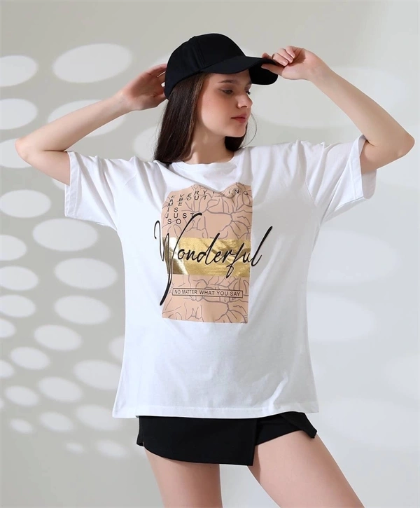 Varak Baskılı imza desen Kadın T-Shirt