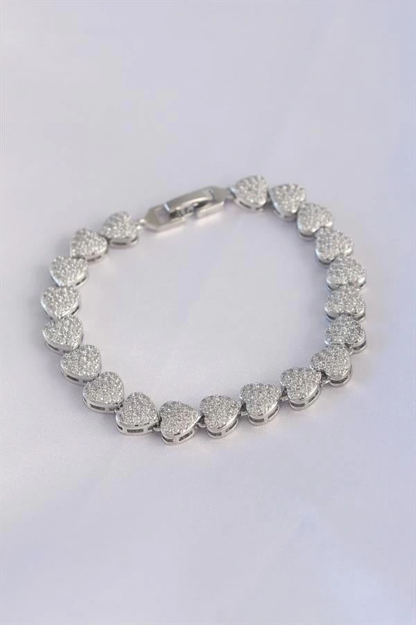 Vip Seri Pirinç Zirkon Taşlı Gümüş Renk Kalp Model Bileklik