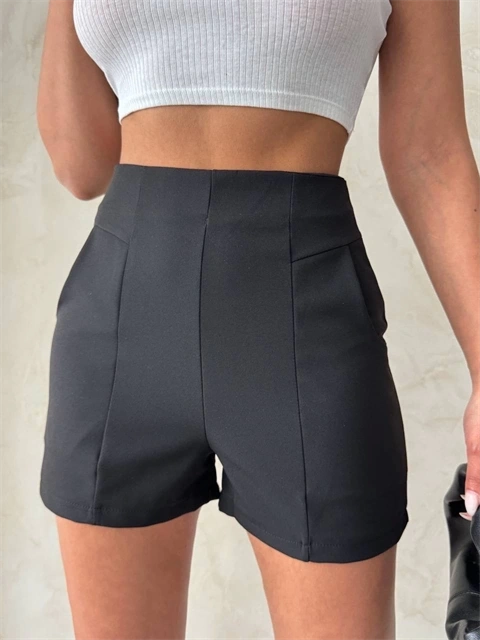 Yüksek bel parçalı double kumaş şort s25312