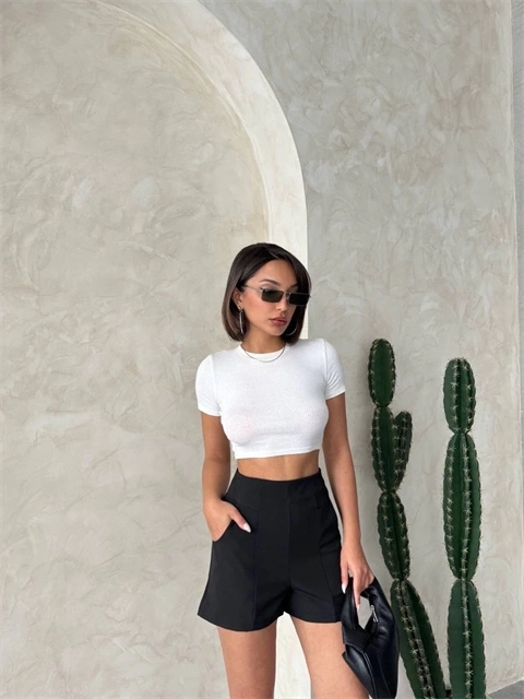 Yüksek bel parçalı double kumaş şort s25312