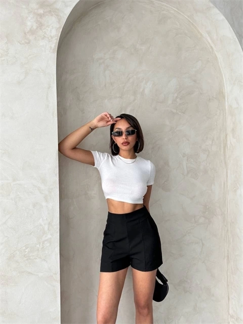 Yüksek bel parçalı double kumaş şort s25312