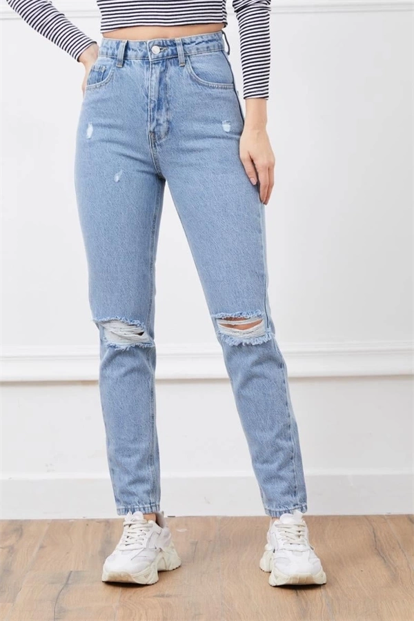 Yüksek bel yırtmaçlı mom jean pantolon