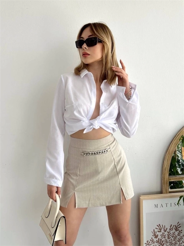 Zincir detaylı çizgili şort etek