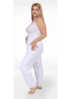 125001 Paçası Yırtmaçlı Püskül Detaylı Beli İpli Kadın Müslin Pantolon Beyaz