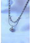 316L Çelik Çift Zincirli Gümüş Renk Topçuk Model Kolye