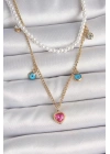 316L Çelik Gold Renk 2Li İnci Zincir Model Pembe Taşlı Kalp Figür Nazar Boncuk Detay Kadın Kolye