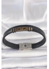 316L Çelik Gold Renk Aksesuarlı Çift Sıra Siyah Burgu Desenli Deri Kordon Erkek Bileklik