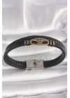 316L Çelik Gold Renk Gemi Dümen Figür Siyah Renk Çift Sıra Burgu Desenli Deri Kordon Erkek Bileklik
