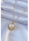 316L Çelik Gold Renk İncili Kalp Model Zirkon Taşlı Kadın Kolye