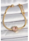 316L Çelik Gold Renk İtalyan Zincir Pembe Zirkon Taşlı Kalp Model Kadın Bileklik