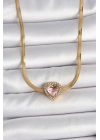 316L Çelik Gold Renk İtalyan Zincir Pembe Zirkon Taşlı Kalp Model Kadın Kolye
