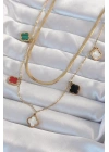 316L Çelik Gold Renk İtalyan Zincirli Renkli Mineli Çoklu Yonca Kolye