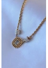 316L Çelik Gold Renk Lotus Model Zirkon Taşlı Burgu Zincir Kadın Kolye