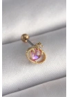 316L Çelik Gold Renk Pembe Mineli Kalp Zirkon Taş Detay Tragus Piercing