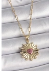 316L Çelik Gold Renk Pembe Zirkon Taşlı Kalp İşleme Madalyon Model Kadın Kolye