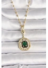 316L Çelik Gold Renk Topçuk Zincir Yeşil Taşlı Seranay Model Kadın Kolye