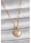 316L Çelik Gold Renk Zincir 3D İnci Kalp Model Kadın Kolye