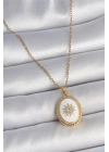 316L Çelik Gold Renk Zincir Beyaz Mineli Güneş İşlemeli Zirkon Taş Detaylı Madalyon Model Kadın Kolye