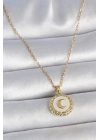 316L Çelik Gold Renk Zincir Beyaz Mineli Hilal İşlemeli Madalyon Model Kadın Kolye